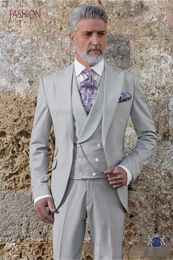 New Design One Button Silver Gray Wedding Groom Tuxedos Peak Lapel Groomsmen Mens Dinner Blazer Suits (Jacket+Pants+Vest+Tie) NO:1600