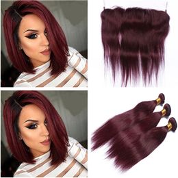 Virgin Malaysian Human Hair Burgundy Weave Bundles with Frontal Closure Straight #99J Wine Red Human Hair Weaves with 13x4 Full Lace Frontal