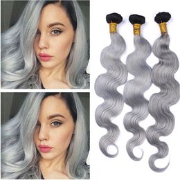 Two Tone #1B/Grey Ombre Peruvian Human Hair Bundles 3Pcs Body Wave Black and Silver Grey Ombre Virgin Human Hair Weave Extensions 3Pcs