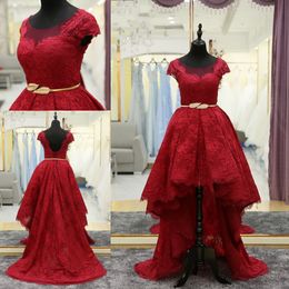 Red High Low Evening Formal Dress Short Front Long Back A line Sweep Train Lace Bodice With Sleeves Sheer Neck Long Prom Dress