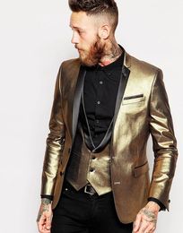 Customize Golden Two Buttons Notch Lapel Wedding Groom Tuxedos Men Suits Wedding/Prom/Dinner Man Blazer Jacket Tie Vest Pants 81