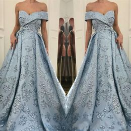 Newest Design Prom Dresses Elegant Off-the-Shoulder Blue Evening Gowns Lace Long Section Temperament Party Dresses Free Shipping