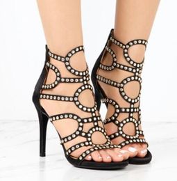 Sexy thin high heels rivet satin sandals ladies Roman shoes open toe casual fashion Gladiator shoes leather high heel sandals