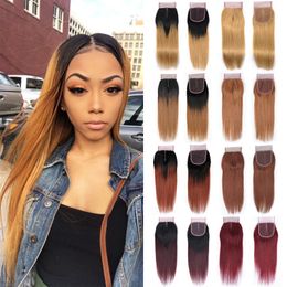 Lace Closure 16 Inches Only Silky Straight Coloured Brazilian Human Hair 4x4 Lace Closure Ombre Weave Hair Extensions Medium Brown Swiss Lace