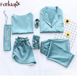 Fdfklak Home Clothes Sexy Pijama 7 Pieces Silk Pyjamas For Women Night Suit Sleepwear Sets Pyjamas Women Spring Summer Q1047 S1015