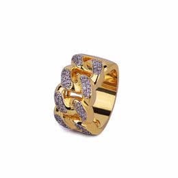 Gold Hip Hop Rings All Iced Out Micro Pave Cubic Zircon 13mm Width Cuban Chain Ring for Men