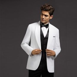 Brand New White Groom Tuxedos High Quality Men Wedding Tuxedos Shawl Lapel One Button Men Prom Party Dinner Suit(Jacket+Pants+Tie+Vest) 2019