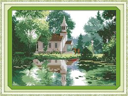 The lakeside houses home decor paintings ,Handmade Cross Stitch Embroidery Needlework sets counted print on canvas DMC 14CT /11CT