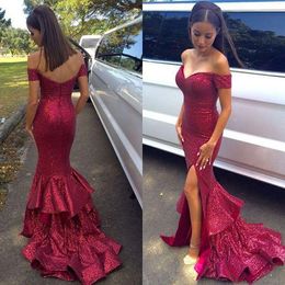 Sparkly Dark Red Sequined Dresses Off the shoulder 2018 New Short Sleeves Side Slit Mermaid Ruched Evening Prom Dresses Sheath Designer