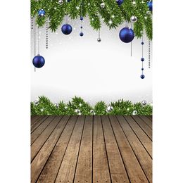 Christmas Photography Backdrops Printed Blue Silver Balls Green Pine Tree Leaves Snowflakes Kids Photo Background Wood Floor