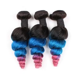 Dark Rooted #1B/Blue/Pink Ombre Virgin Brazilian Human Hair Weaves Extensions 3Pcs Loose Wave Three Tone Ombre Human Hair Bundles Deals