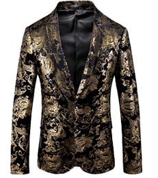 Golden Floral Printed Men Slim Fit Blazer Suit Jacket Casual Fashion Suit Tailor Wedding Party Dress For Men Plus Size