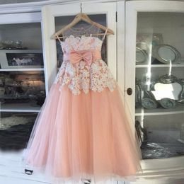 Pink White Flower Girls Dresses For Weddings Sheer Neck Lace Tulle Beading Floor Length Princess Children Birthday Party Dresses With Bow