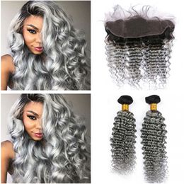 Dark Root 1B/Grey Ombre Indian Virgin Human Hair 2Bundles Deep Wave Weaves with 13x4 Full Lace Frontal Closure Free Middle 3 Part