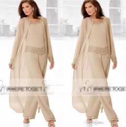 2018 Champagne Three Piece Mother of the Bride Pant Suits with Long Jackets Long Sleeves Beaded Chiffon Mother Plus Size Wedding Guest Dress