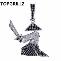 TOPGRILLZ HipHop Copper Gold Silver Color Iced Out Micro Pave CZ Nunchaku Ninja Pendant Necklace Charm For Men Women Gift