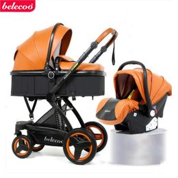 Belecoo baby cart 2 in 1. 3 in 1 Can sit and lie down fold Two-way absorber stroller Eco-leather