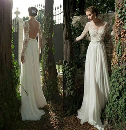 Sheer Neck Country Wedding Dresses Long Sleeves Lace Applique Backless Bridal Gowns Chiffon A Line Wedding Dress