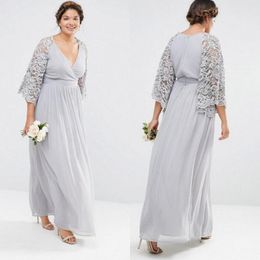 Plus Size Silver Mother of the Bride Dresses Surplice Deep V Neck Illusion Lace Sleeves Ankle Length Formal Mother's Dress Wedding Guest