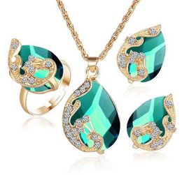 Crystal Peacock Jewellery Sets Bride Wedding Necklace Earring Ring Set Rhinestone Gold Colour Water Drop Pendant Women Accessories