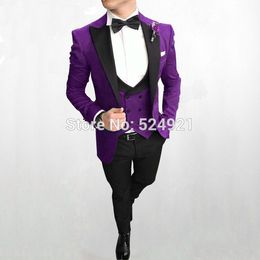 Brand New Groomsmen Purple Groom Tuxedos Peak Black Lapel Men Suits Wedding Best Man Bridegroom (Jacket + Pants + Vest + Bow Tie) L216