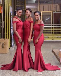 African Off The Shoulder Satin Mermaid Long Bridesmaid Ruched Sweep Train Wedding Guest Maid Of Honor Party Dresses 329 329