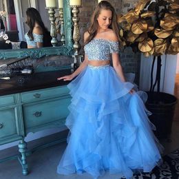 2019 Fashion Two Pieces Prom Dresses Sequined Crystals Crop Top Off the Shoulder Short Sleeves Ruffles Tulle Skirt Custom Made Evening Gown