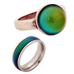 2Pcs/Set Womens Bohemia Retro Color Change Ring Emotion Feeling Real Antique Silver Plated Mood Stone Ring