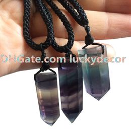 Polished Rainbow Fluorite Necklace Genuine Natural Gemstone Rock Crystal Hexagonal Pointed Reiki Chakra Stone Pendant Rope Necklace Jewellery