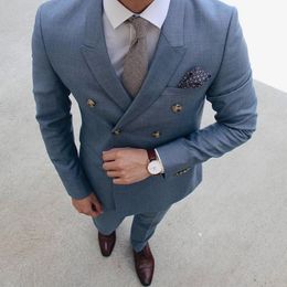 Custom Made Blue Groom Men Suits Double Breasted Men Suit Tuxedo Slim Fit Custom 2 Piece Prom Blazer Ternos (Jacket+Pants) Z606