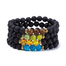 Natural Black Lava Stone Strands Beaded Elastic Charm Bracelets For Women Men Yoga Party Club Jewellery