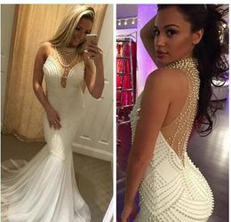 Luxury Pearls Mermaid Evening Dresses 2020 High Neck Sheer V-neck Beaded White Prom Dress Robe De Soiree Formal Dress Evening Gowns