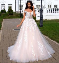 Stylish Lace Off The Shoulder Wedding Dresses A Line Plunging Neck Appliqued Bridal Gowns Court Train Tulle Custom Made vestido de novia