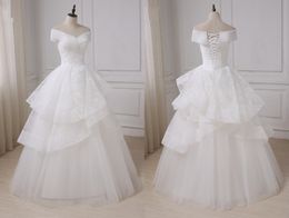 Elegant Off shoulder Wedding Dresses With Sleeves Organza Lace 2018 New Stylish Corset Back Layers Ruched Floor length Wedding Gowns Plus