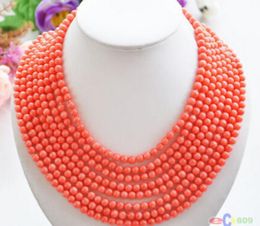 wholesale Real Real 8row 16"~22" 6MM round pink coral bead necklace Bridal Jewellery Crystal Women