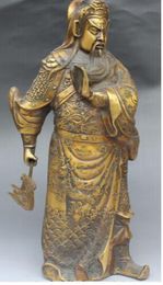 warrior statues UK - 15" Chinese Bronze Stand Dragon Guan Guan Yu Warrior God Hold Sword knife Statue