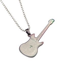 Musical Jewellery Stainless Steel Guitar with Lord's Pray Latin Cross Pendant Necklace