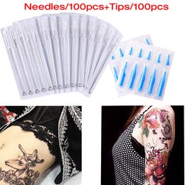 100 PCS Disposable Sterile Tattoo Needle+100PCS Blue Disposable Tattoo Tips Professional Tattoo Needle Product Equipment Accessories