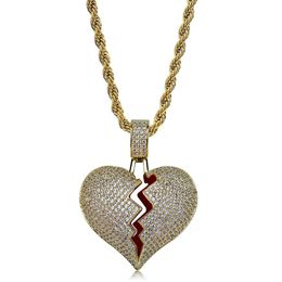 Solid Broken Heart Necklace & Pendant New Men Women Hip hop Jewellery Bling Cubic Zircon Gold Colour With Rope Chain For Gift