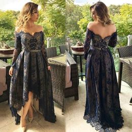 Elegant Lace Long Sleeves Evening Dresses Off The Shoulder Ruffles High Low Prom Dresses Plus Size Backless Navy Blue Party Dress