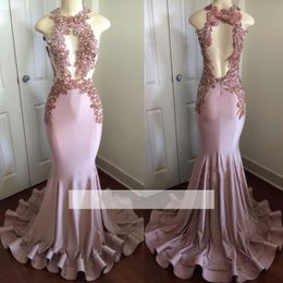 New Arrival Pink Mermaid Prom Dresses Deep V Neck Lace Applique Beads Crystals Backless Formal Party Wear Evening Gowns Custom