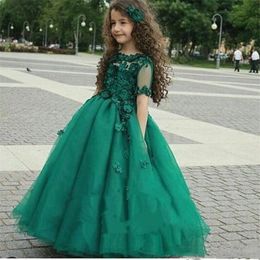 Tulle Jewel Short Sleeves Hand Made Flower Green Ball Gown Floor Length Beaded Wedding Flower Girl Dresses