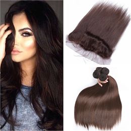 Virgin Peruvian Dark Brown Human Hair Wefts 4pcs With Frontal Straight 4 Chocolate Brown 13x4 Lace Frontal Closure With Weave Bundles