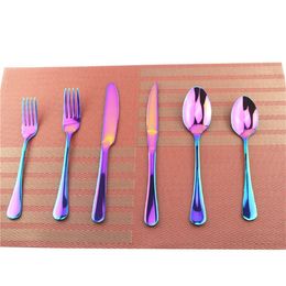 6PCS/LOT Dinnerware Set Rainbow Colourful Plated Shiny Stainless Steel Mirror Polishing Knife Fork Silverware Set