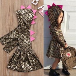 2018 New Girls Dresses Gold Fish Scale Hooded Dinosaur Pattern Baby Dress Infant Baby Girls Sequined Mermaid Princess Dresses Party Costume