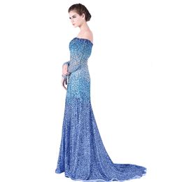 High-End Custom 2024 New High-Quality Word Shoulder Slim Prom Dresses Long Blue Sexy Heavy Handmade Evening Dresses HY045