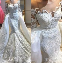 overskirt mermaid wedding dresses with detachable train sheer neck lace bridal gowns beaded long sleeve plus size dubaivestido de novia