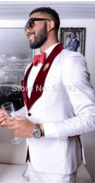Latest Design One Button White Groom Tuxedos Shawl Lapel Groomsmen Best Man Mens Wedding Suits (Jacket+Pants+Vest+Tie) D:272