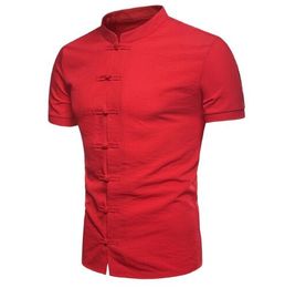 Lates trend men's collar shirt summer new Chinese style disc buckle solid Colour short-sleeved casual shirt brand dress