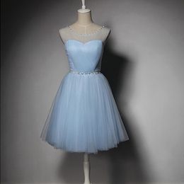 Baby Blue Scoop Neck Tulle Short Bridesmaid Dresses with Crystal 2019 Knee Length Party Dress New Homecoming Dresses